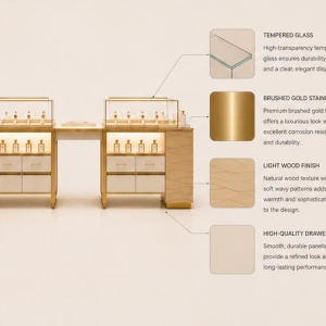 Perfume Display Island | Lit Scent Glass Cabinet - Sunzen 4 Close-up gold trim glass for retail scent counter
