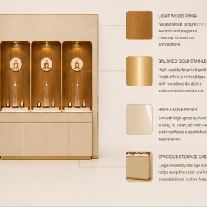 Triple Niche Perfume Wall | Wood Back Built-In Fragrance Station - Sunzen 4 Close-up natural wood grain, circular embossed decor and polished gold trim for scent wall