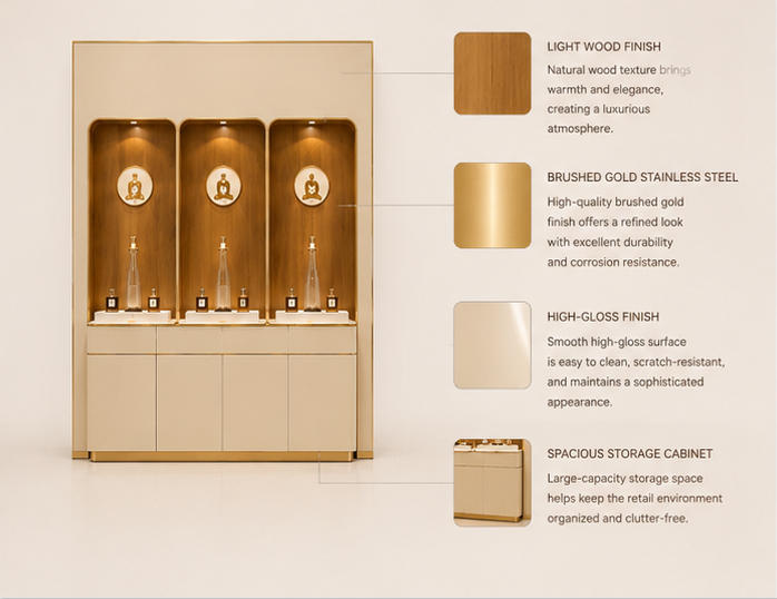 Close-up natural wood grain, circular embossed decor and polished gold trim for scent wall