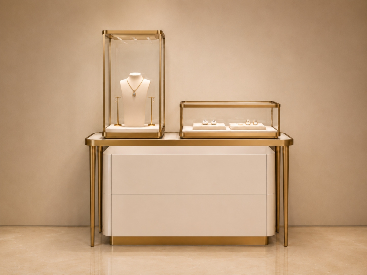 Mixed-Height Gold and White Jewelry Display Console | Tower + Case Set 1 Mixed-Height Gold and White Jewelry Display Console | Tower + Case Set