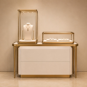Mixed-Height Gold and White Jewelry Display Console | Tower + Case Set 2 Mixed-Height Gold and White Jewelry Display Console | Tower + Case Set