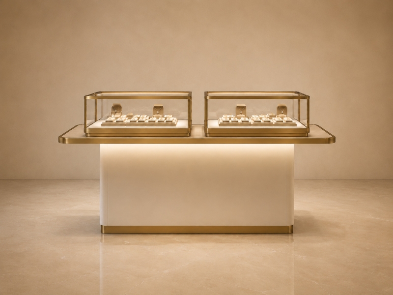 Double Glass-Top Jewelry Display Island Counter | Dual Showcase