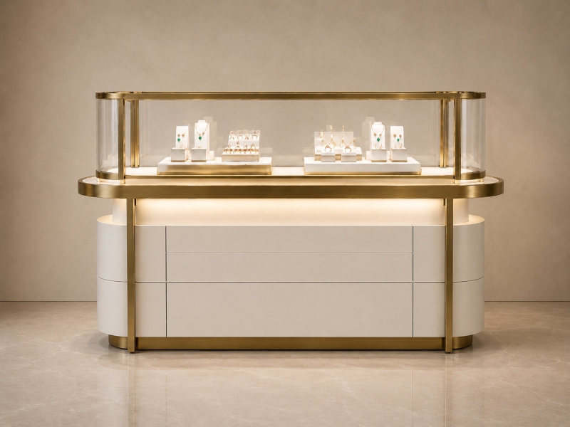 White and Gold Jewelry Display Counter - Modern Retail Showcase