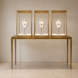 Triple Gold Tower Jewelry Display Console | 3 Showcase Set 2 Triple Gold Tower Jewelry Display Console - Premium Boutique Showcase
