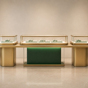 Gold Retail Jewelry Display Counter | Multi-Unit Showcase 2 Gold Retail Jewelry Display Counter - Luxury Modular Showcase