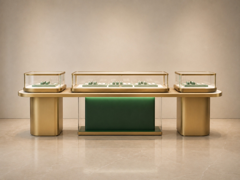 Gold Retail Jewelry Display Counter - Luxury Modular Showcase