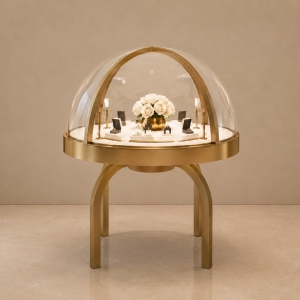 Round Dome Jewelry Display Table | Gold Framed Showcase 2 Round Dome Jewelry Display Table - Luxury Circular Showcase