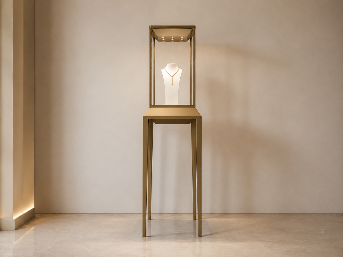 Gold Pedestal Jewelry Display Case | Jewelry-Style Showcase 1 Gold Pedestal Jewelry Display Case - Luxury Tower Cabinet