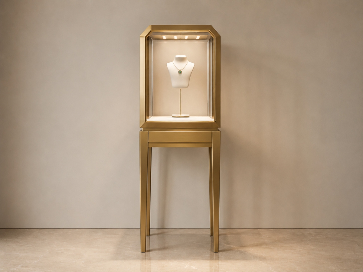 Gold Floor-Standing Jewelry Display Cabinet | Museum-Style Showcase 1 Gold Floor-Standing Jewelry Display Cabinet - Luxury Pedestal Showcase