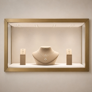 Wall-Mounted Luxury Jewelry Display Case | Brass Framed LED Showcase 2 Wall-Mounted Luxury Jewelry Display Case | Brass Framed LED Showcase
