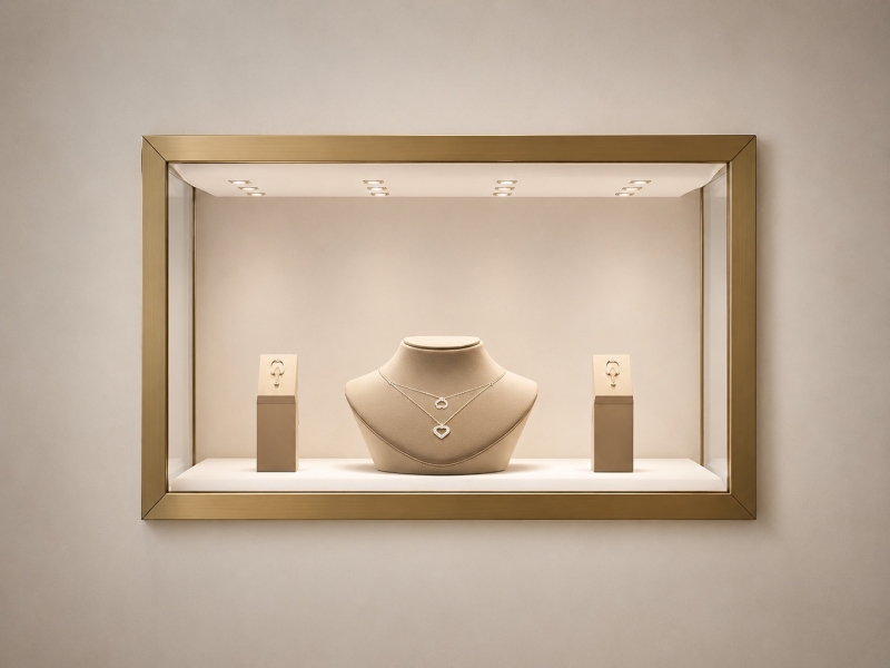 Wall-Mounted Luxury Jewelry Display Case | Brass Framed LED Showcase