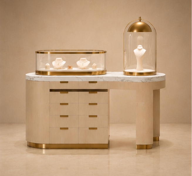 Marble Jewelry Display Table Wood Veneer Showcase