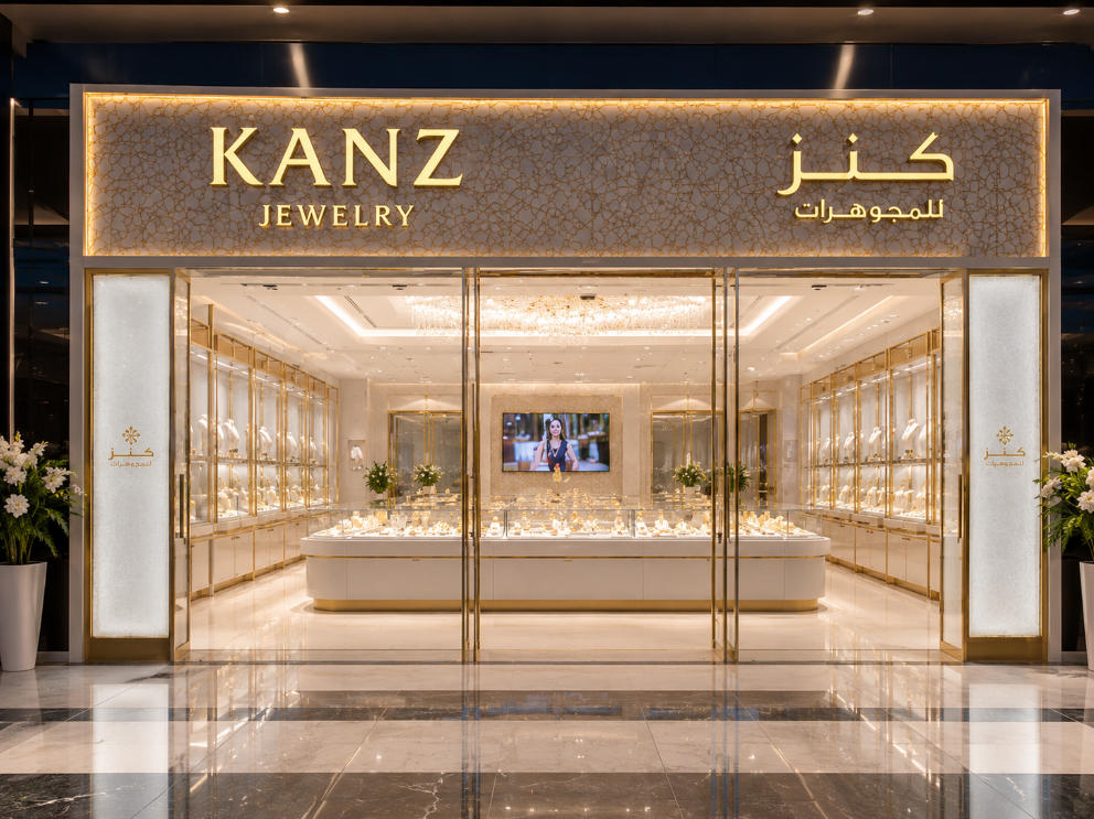 Saudi Bridal Island – Bright Stone Gold Fixtures for Jeddah Wedding Boutique