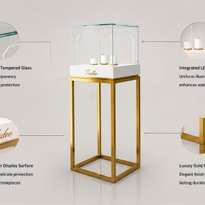 Structural diagram bronze counter watch stand with arched glass & hidden base storage