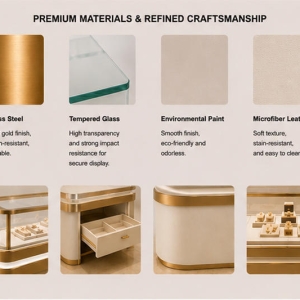 Modular Jewelry Combination Cabinet | Multi-Unit Display Suite - Sunzen 4 Close-up of brass frame, tempered glass and panel of jewelry ensemble