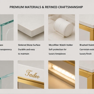 Close-up brushed bronze alloy frame curved arched glass edge storage panel