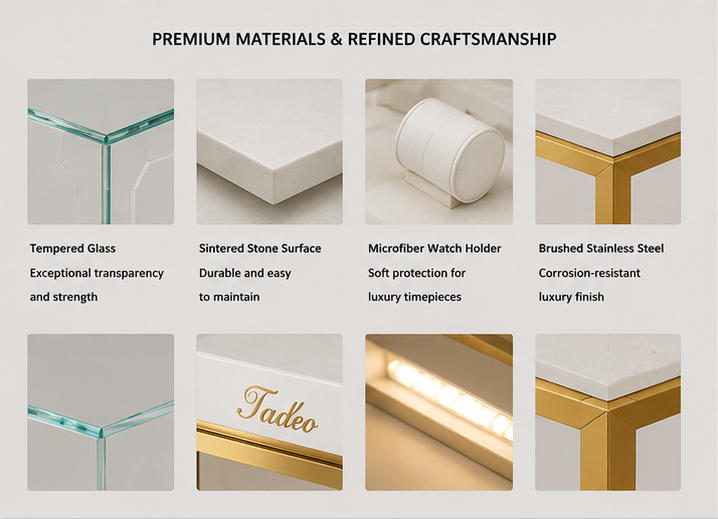 Close-up brushed bronze alloy frame curved arched glass edge storage panel