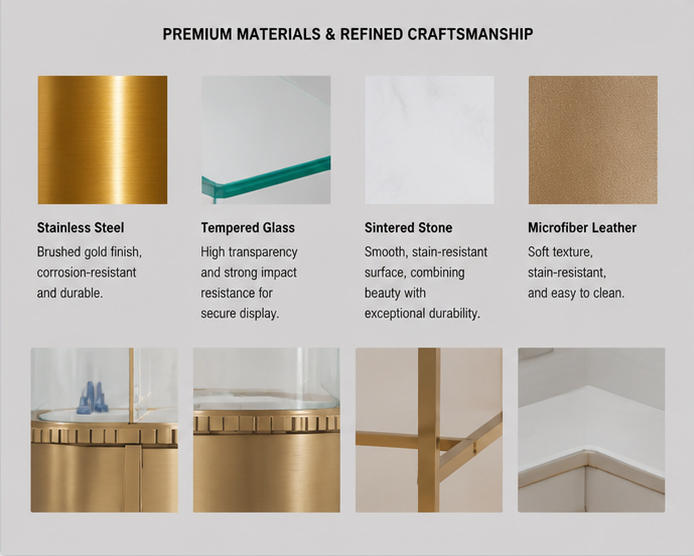 Close-up brushed metal gold surface, scallop decorative edge and oval curved glass frame