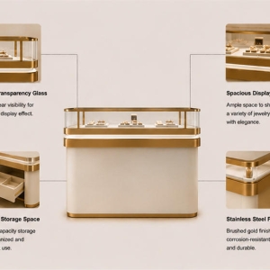 Modular Jewelry Combination Cabinet | Multi-Unit Display Suite - Sunzen 5 Feature diagram of partitioned jewelry display set with modular structure and storage