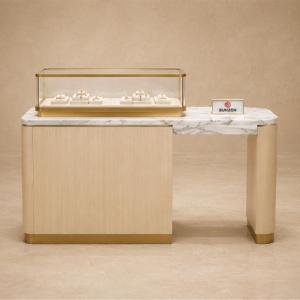 Corner Glass Jewelry Cabinet | Wall Corner Jewelry Counter - Sunzen 2 Corner jewelry showcase with stone top and metallic accents, full product view