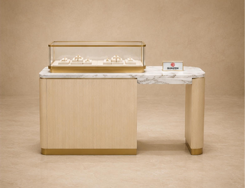 Corner jewelry showcase with stone top and metallic accents, full product view