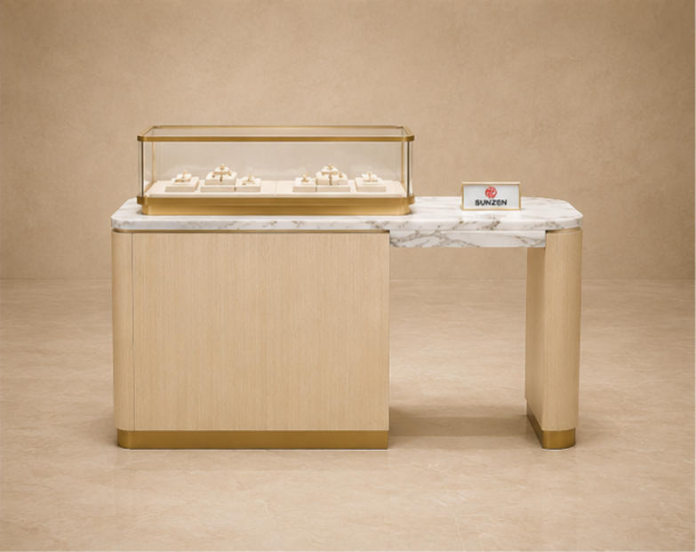 Corner Glass Jewelry Cabinet | Wall Corner Jewelry Counter - Sunzen 1 Corner jewelry showcase with stone top and metallic accents, full product view