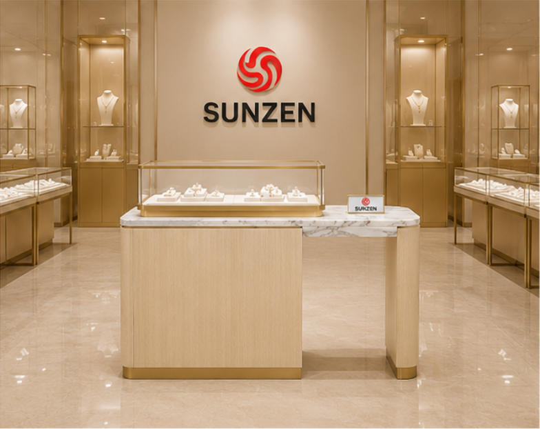 Premium jewelry display table placed inside a high-end jewelry boutique