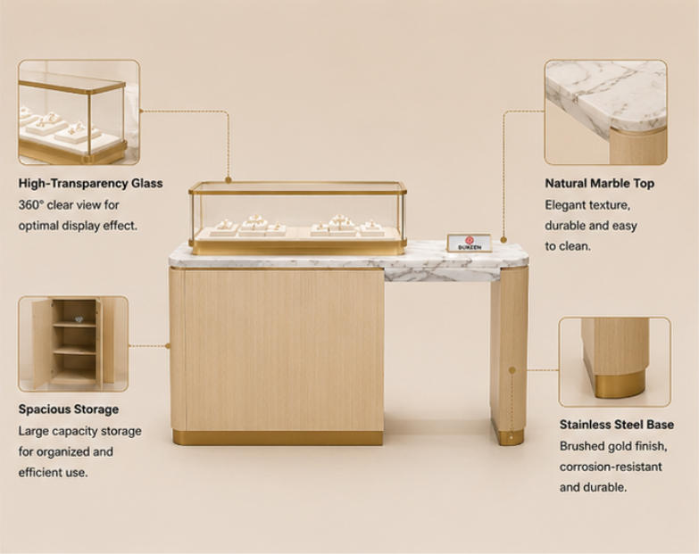 Functional features of wall-mounted jewelry fixture with storage and glass display