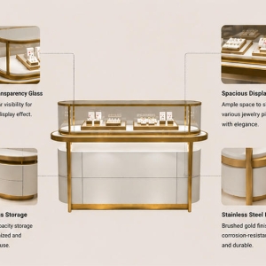 Curved Glass Jewelry Counter | Gold Frame Showcase - Sunzen 4 Features diagram of enclosed jewelry display case with curved glass and LED lighting