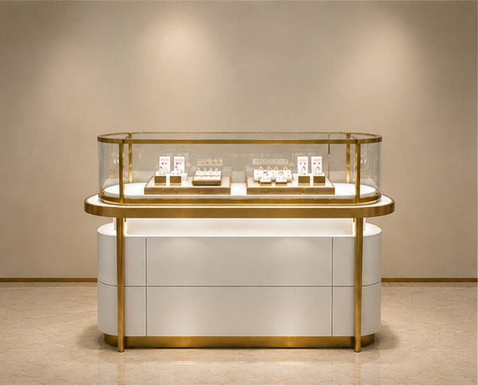 Curved glass jewelry counter with gold frame, lit base, and enclosed display