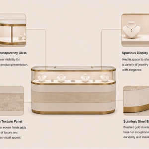 Curved Front Jewelry Showcase | Gold Trim Counter - Sunzen 5 Features diagram of horizontal jewelry display case with glass enclosure and LED lighting