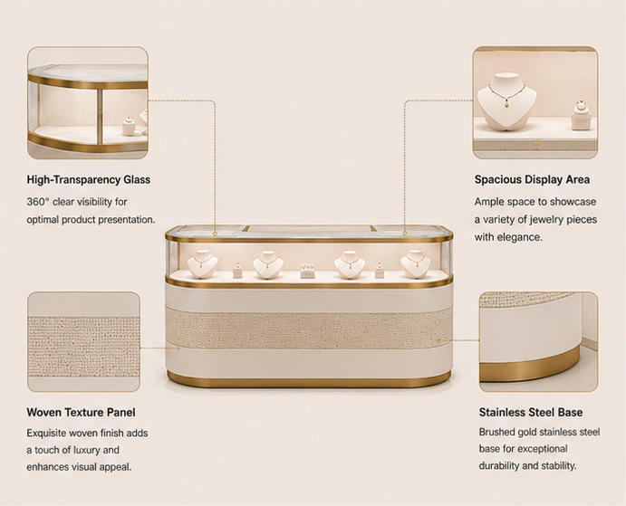 Features diagram of horizontal jewelry display case with glass enclosure and LED lighting
