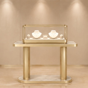 Double Tier Jewelry Stand | Gold Pillar Marble Base Showcase - Sunzen 2 Double tier gold pillar jewelry stand with marble base top glass cabinet