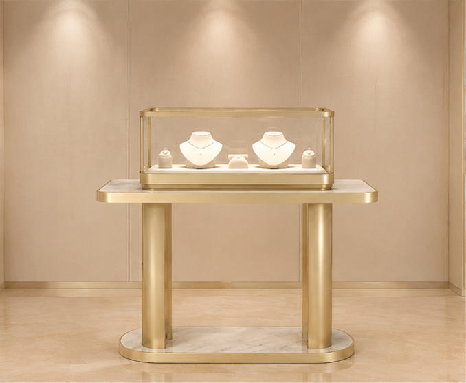 Double tier gold pillar jewelry stand with marble base top glass cabinet