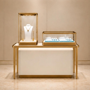 Dual-Height Jewelry Display Set | Gold Framed Showcase - Sunzen 2 Dual-height jewelry display set with tall necklace showcase and low countertop case, gold frame design