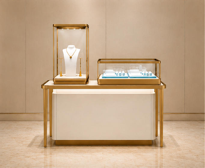 Dual-height jewelry display set with tall necklace showcase and low countertop case, gold frame design