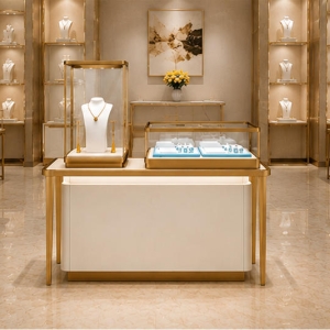 Dual-Height Jewelry Display Set | Gold Framed Showcase - Sunzen 3 Dual-height jewelry display set applied in a luxury jewelry boutique