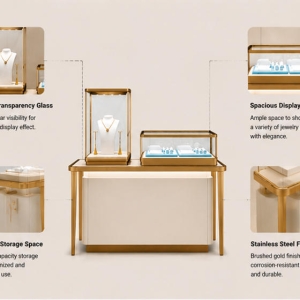 Dual-Height Jewelry Display Set | Gold Framed Showcase - Sunzen 5 Features diagram of mixed-height jewelry retail station with dual display cases and storage