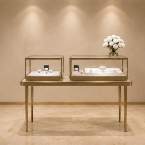 Double Tabletop Jewelry Case | Paired Gold Display Cabinet - Sunzen 2 Double tabletop paired jewelry set with split dual glass cases and thin gold legs