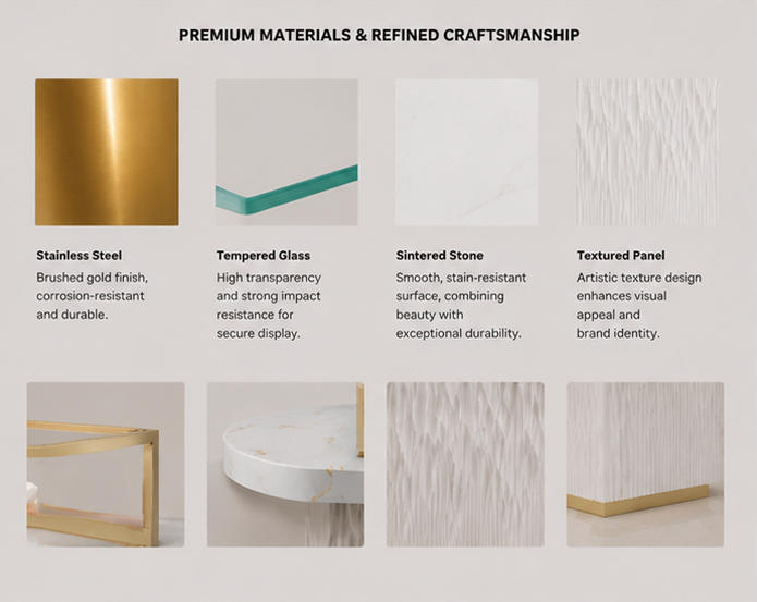 Close-up vertical fluted panel, natural marble oval top and thin gold glass frame edge