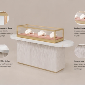 Fluted Base Jewelry Counter | Marble Top Gold Frame Glass Showcase - Sunzen 5 Structure diagram of fluted texture base marble top necklace retail fixture with glass compartment