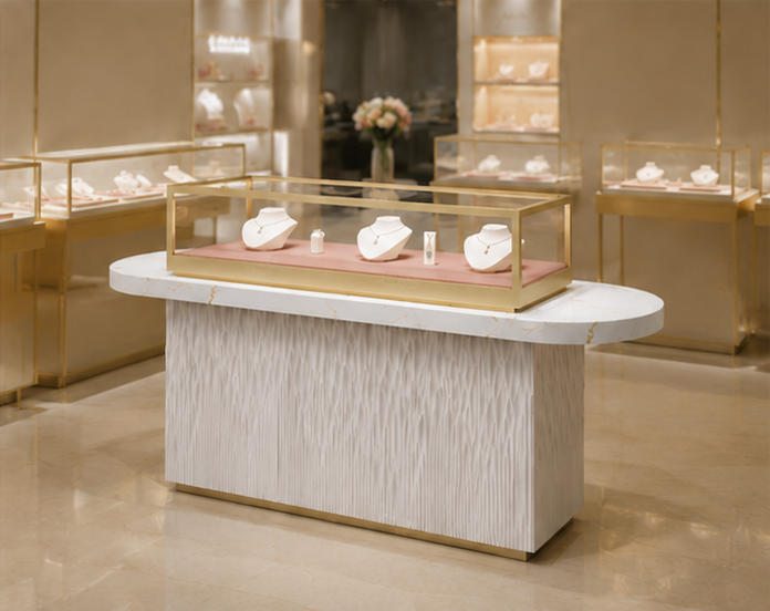 Fluted base marble top gold glass jewelry counter placed inside light luxury boutique