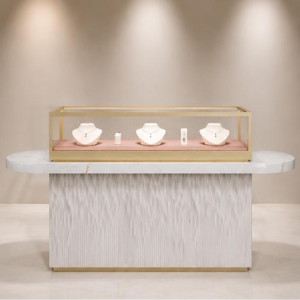 Fluted Base Jewelry Counter | Marble Top Gold Frame Glass Showcase - Sunzen 2 Fluted base jewelry counter oval marble top gold frame glass tray necklace showcase