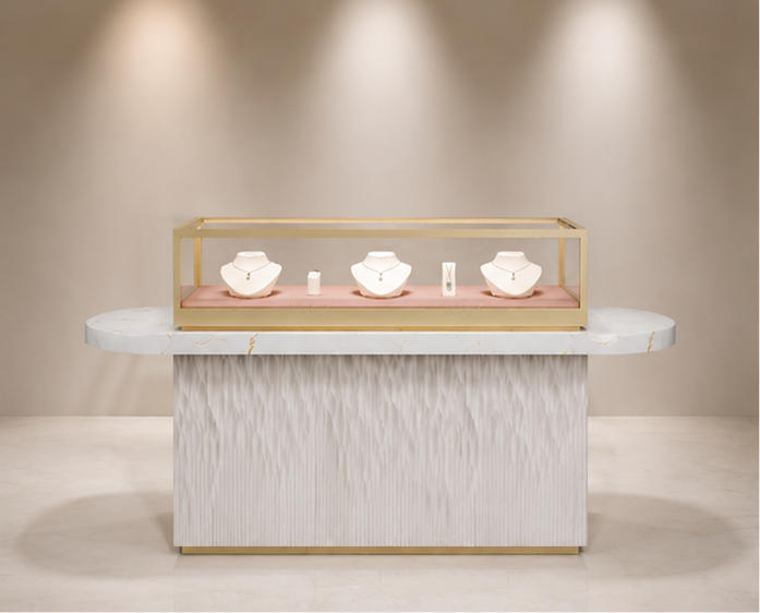 Fluted base jewelry counter oval marble top gold frame glass tray necklace showcase