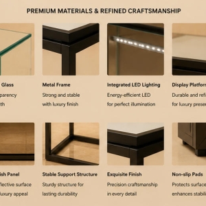 Close-up matte gold alloy frame flip hinge triple shelf velvet lining