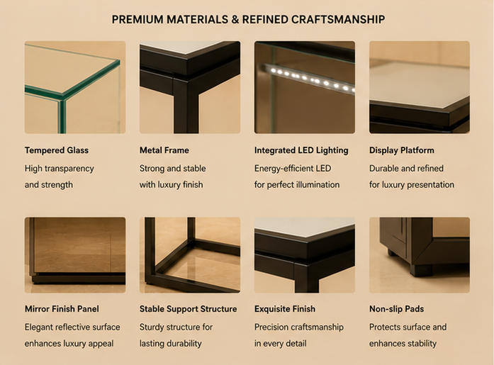 Close-up matte gold alloy frame flip hinge triple shelf velvet lining