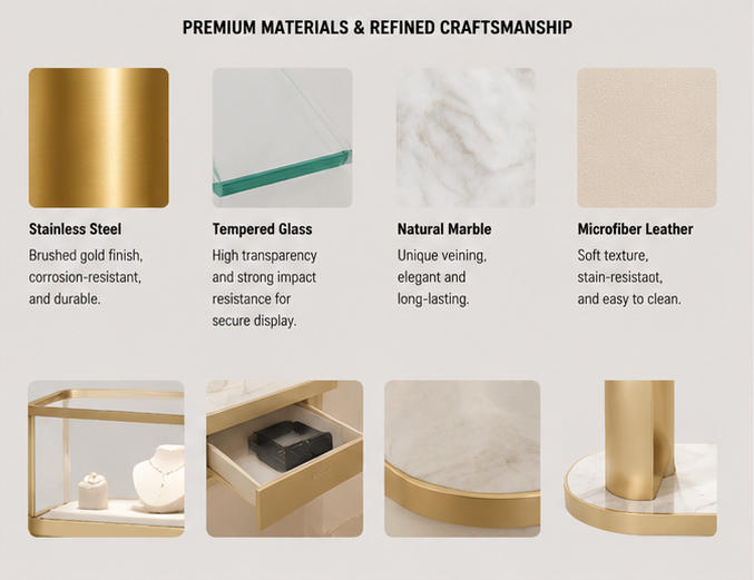 Close-up polished gold pillar, natural marble base & glass cabinet frame