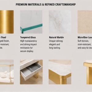 Marble Band Jewelry Table | Flat Gold Leg Rectangular Glass Showcase - Sunzen 4 Close-up of flat gold alloy plinth, natural marble front panel and gold border glass frame