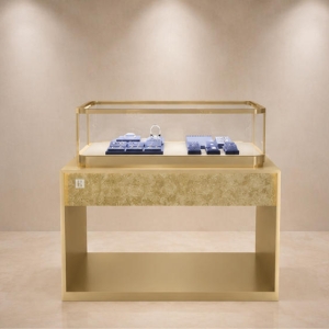 Golden Marble Jewelry Stand | Hollow Frame Rectangular Glass Display Cabinet - Sunzen 2 Golden marble hollow frame jewelry stand rectangular glass tray open lower base ring set display cabinet
