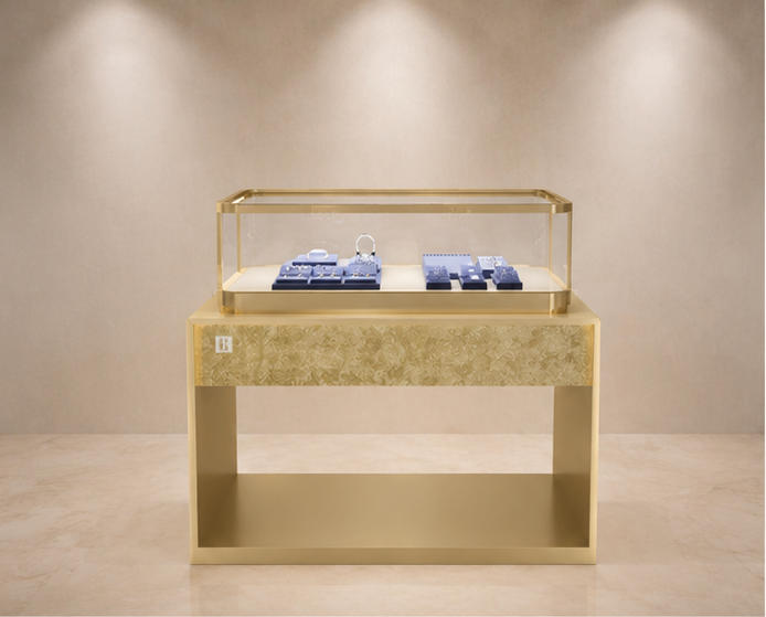 Golden marble hollow frame jewelry stand rectangular glass tray open lower base ring set display cabinet